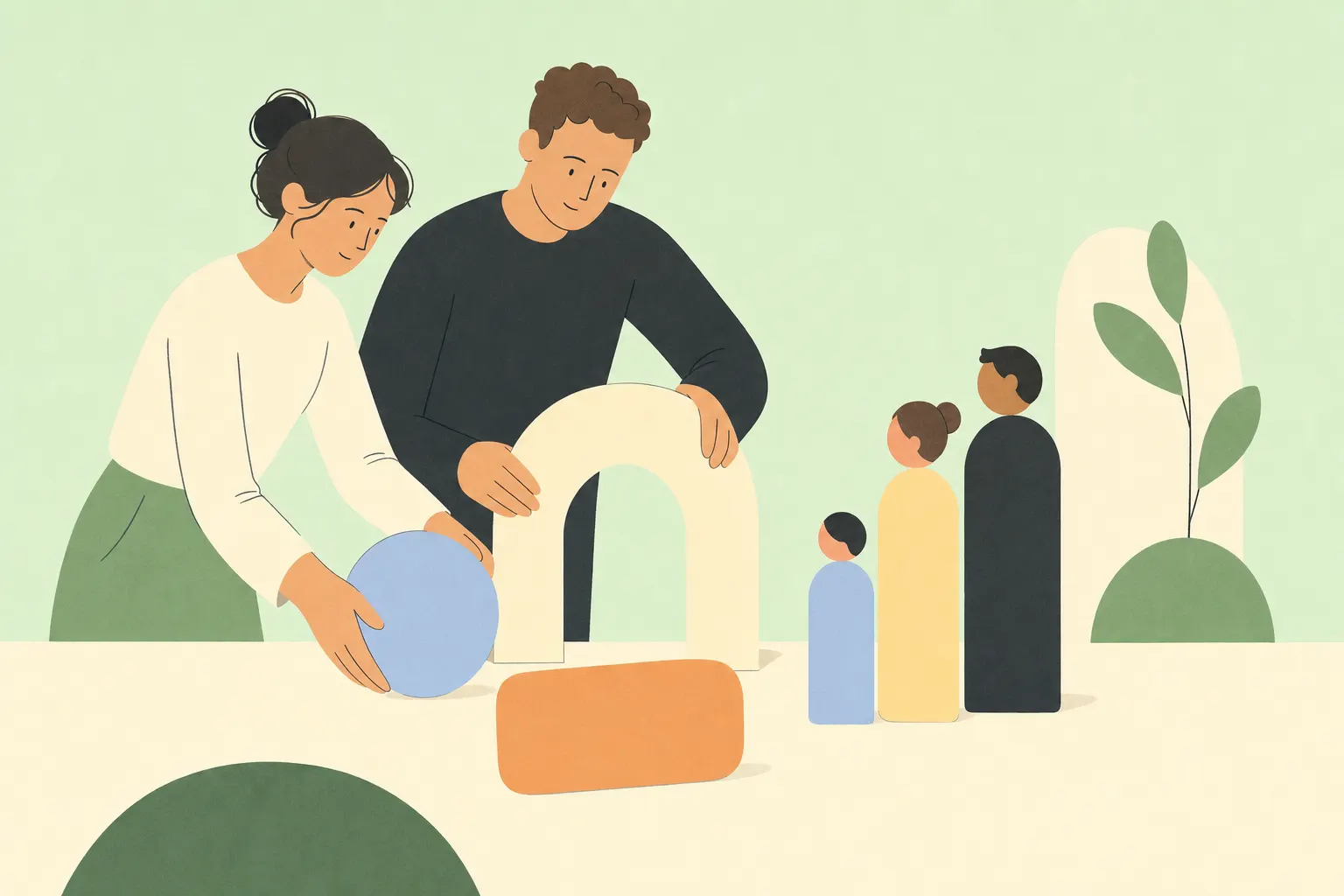 Abstrakte Illustration von Händen, die Formen ordnen, als Bild für Unterstützung und Orientierung.