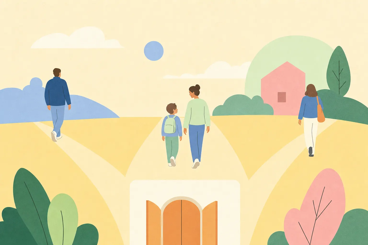 Illustration eines vielfältigen Schulwegs mit Kind, Bezugspersonen und mehreren angedeuteten Wegen.