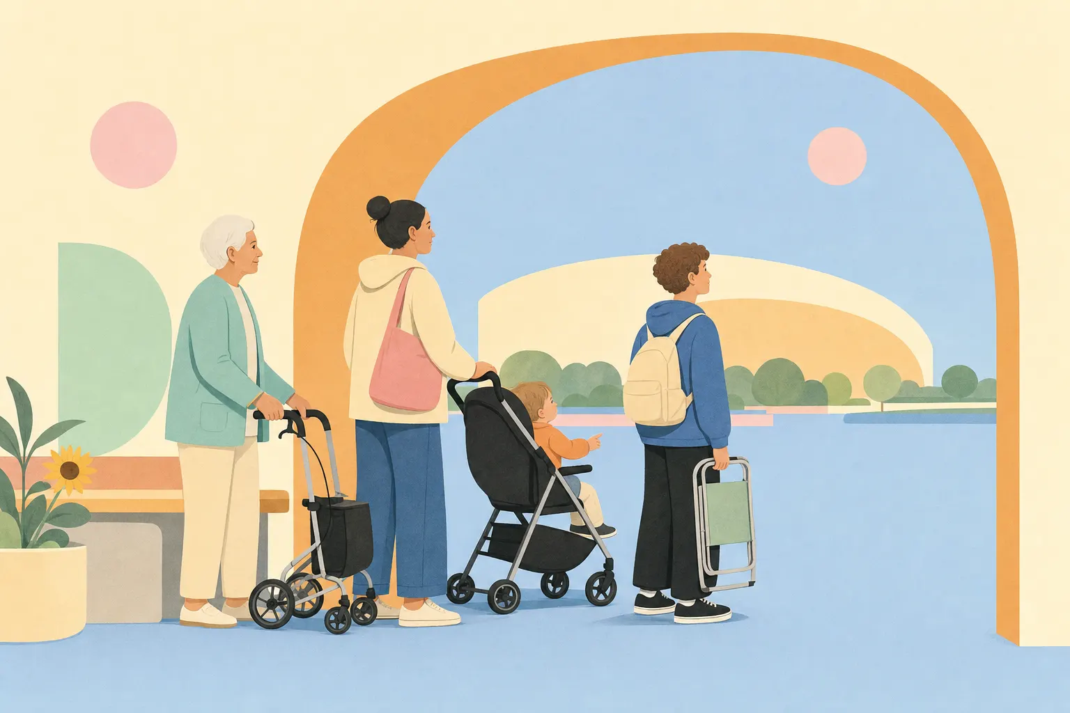 Illustration von drei Generationen mit Kinderwagen und Rollator an einer abstrahierten Frankfurter Haltestelle.