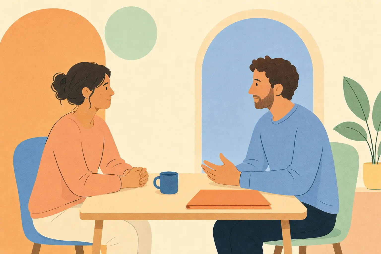 Illustration zweier Erwachsener, die sich ruhig an einem Tisch mit Tasse und Ordner gegenüber sitzen.