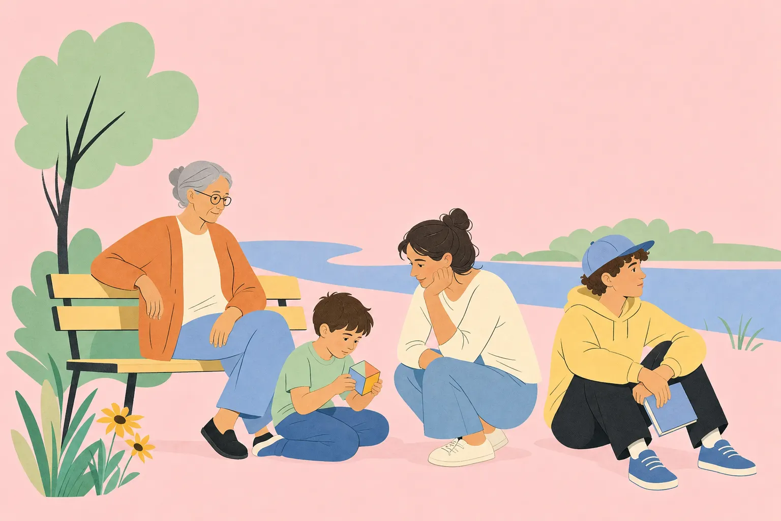 Illustration einer mehrgenerationalen Familie am Wasser: eine ältere Person auf einer Bank, ein Kind mit einem farbigen Objekt, eine erwachsene Person und ein Teenager mit geschlossenem Notizbuch.