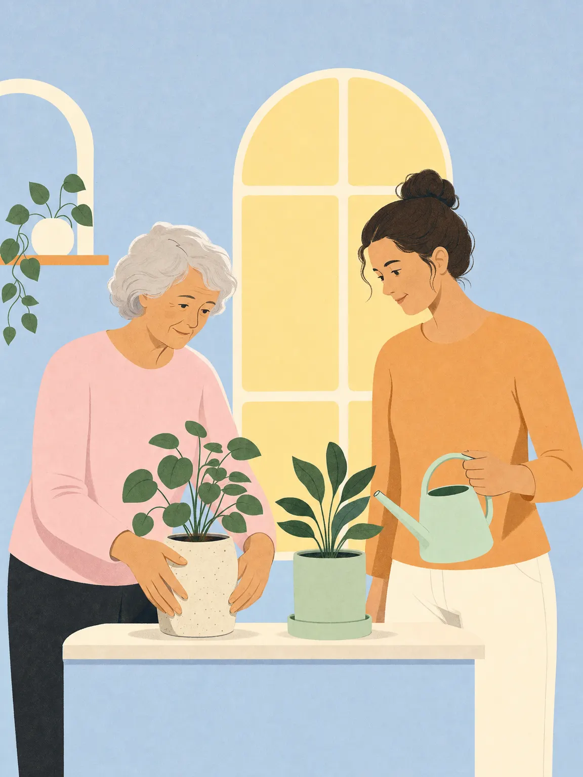 Illustration einer älteren Person und eines jüngeren Erwachsenen, die gemeinsam Zimmerpflanzen versorgen.
