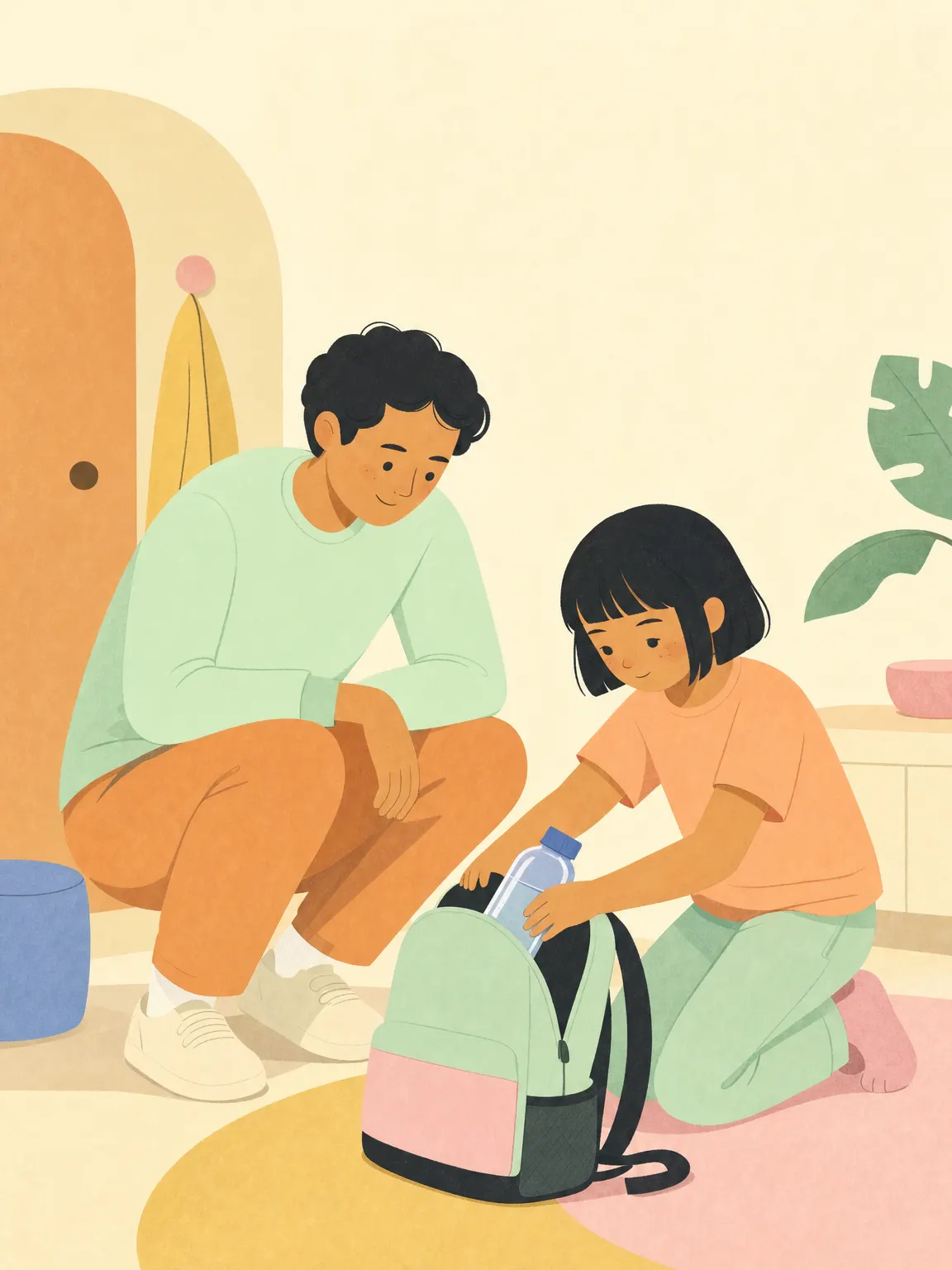 Illustration einer erwachsenen Person, die neben einem Kind steht, während das Kind eine einfache Flasche in einen Rucksack packt.